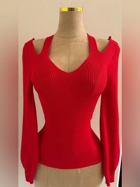 Women's Red Ribbed Cutout Shoulder Sweater